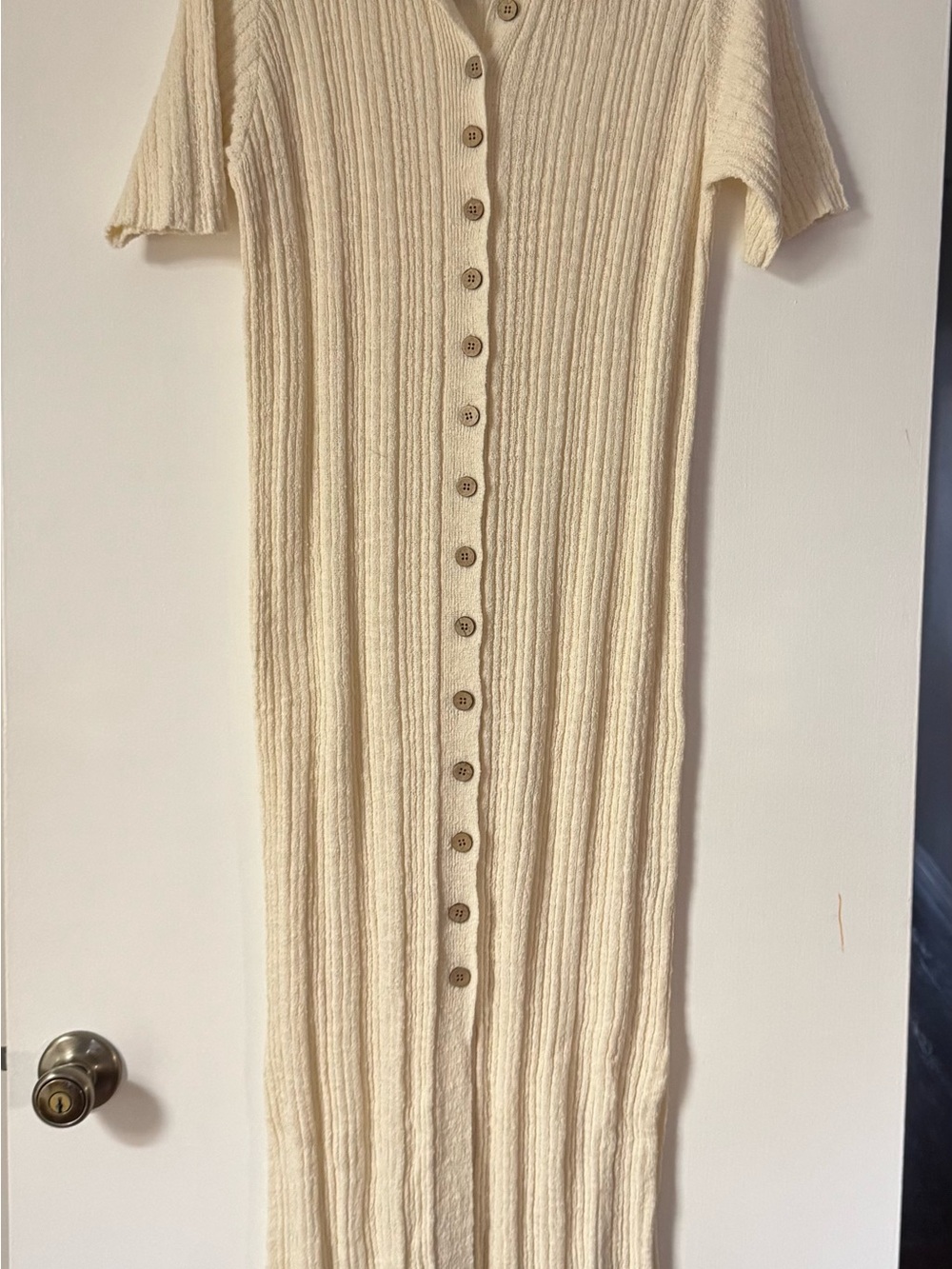 Free People Cream Ribbed Button-Front Midi Dress